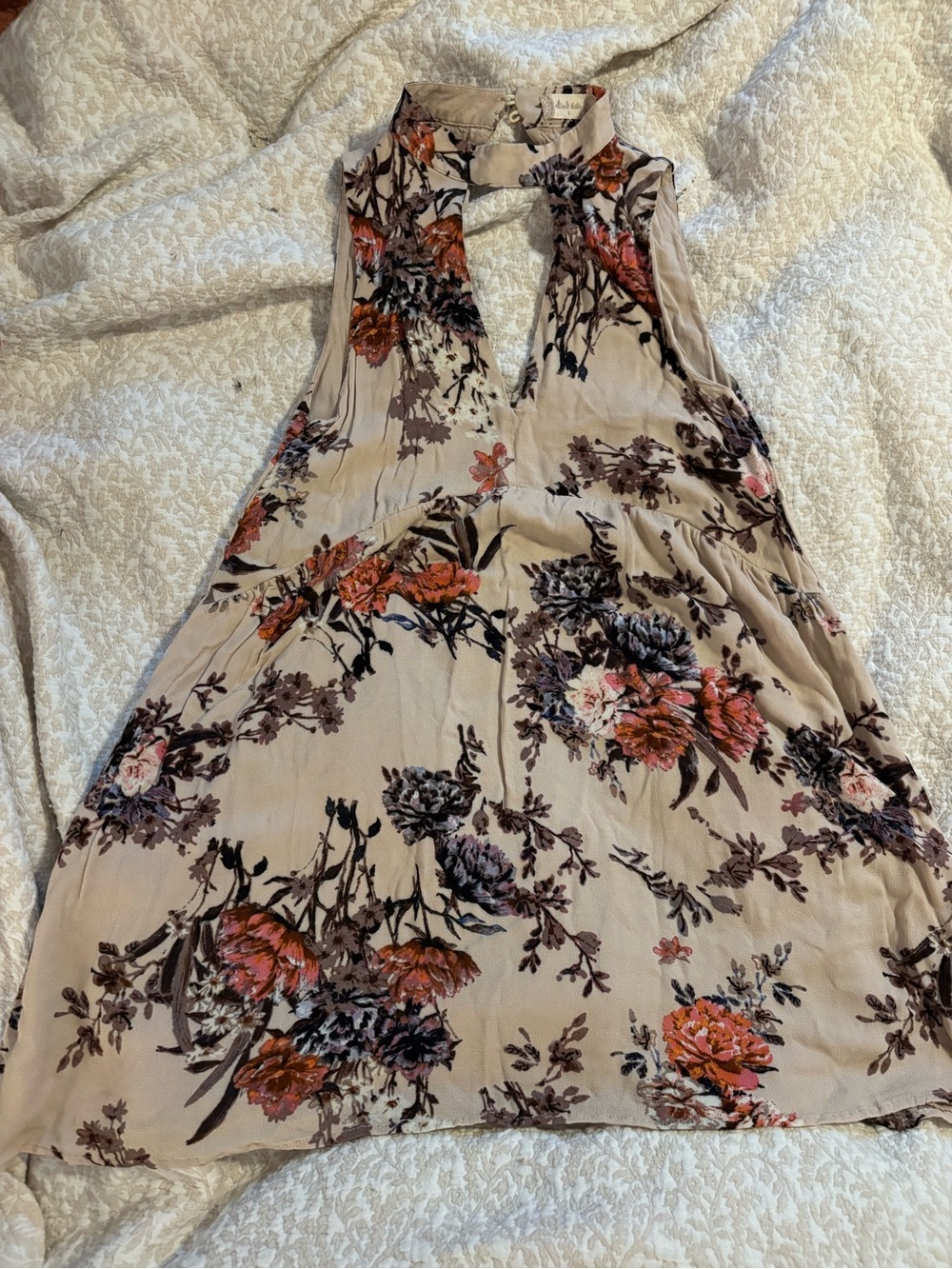 Altar'd State Beige Floral Halter Mini Dress with Rust and Black Accents